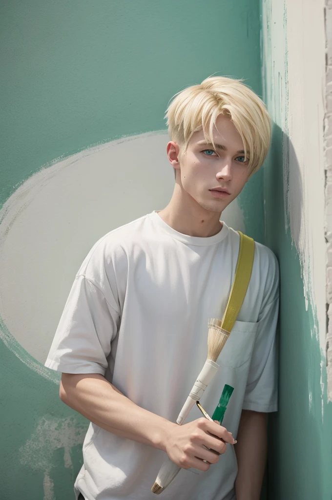 one men, offwhite, with light green eyes, blond, shorth hair, almost bald, and work as a painter in works, painting the wall of a house.