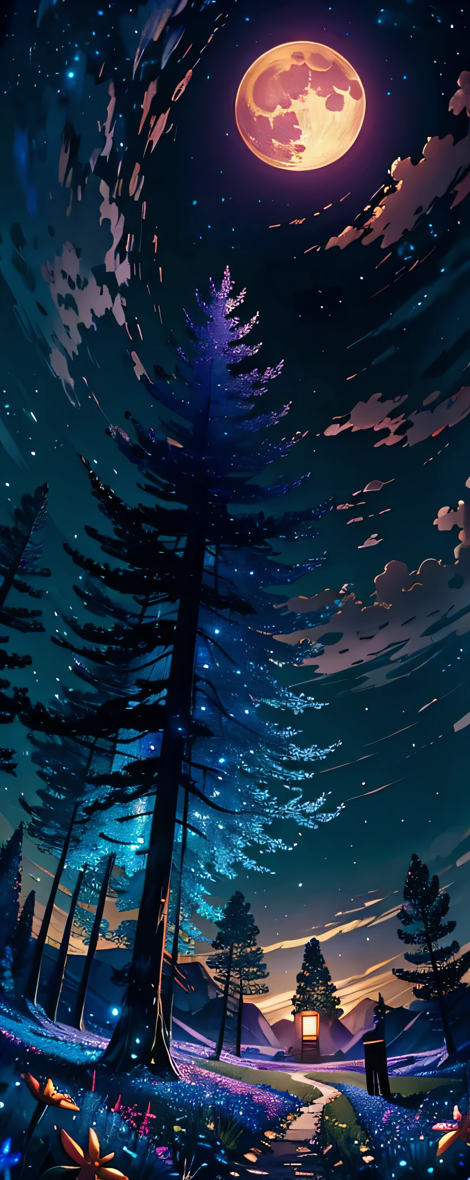 Expansive Landscape Photography., (view from below with a view of the sky and nature below), standing in a field of flowers looking up, (full moon: 1.2), (Shooting Star: 0.9), (Nebula: 1.3), distant mountain, tree BREAK production art, (warm light source: 1.2), (Firefly: 1.2), lamp, purple and orange, intricate detail, BREAK volume lighting (Masterpiece: 1.2), (of the highest quality ), 4k, ultra detailed, (Dynamic configuration: 1.4), Very detailed and colorful details (Iridescent: 1.2), (bright lighting, atmospheric lighting), Dreamer, magical, (Alone: 1.2 Resolution 8k hdr