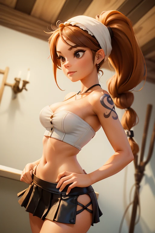 (masterpiece), best quality, expressive eyes, perfect face, front lighting, (standing on pirate ship at sea background), (posing), (seductive look), (cleavage view), (1girl, Nami, 18 years old, orange hair, long hair, braided ponytail hairstyle, brown eyes, hourglass figure, left shoulder tattoo, skinny body, thin body, petite_body, small breasts, wide hips, thick thighs), (white button frill blouse, short sleeve, strapless, croptop, exposed cleavage, leather pleated skirt, bandana headwrap),