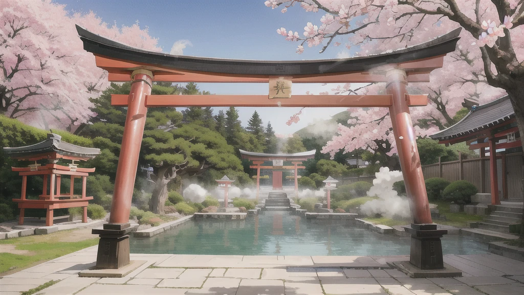 There is an open-air bath behind the shrine. Lots of steam, torii gate, cherry blossom tree, background only