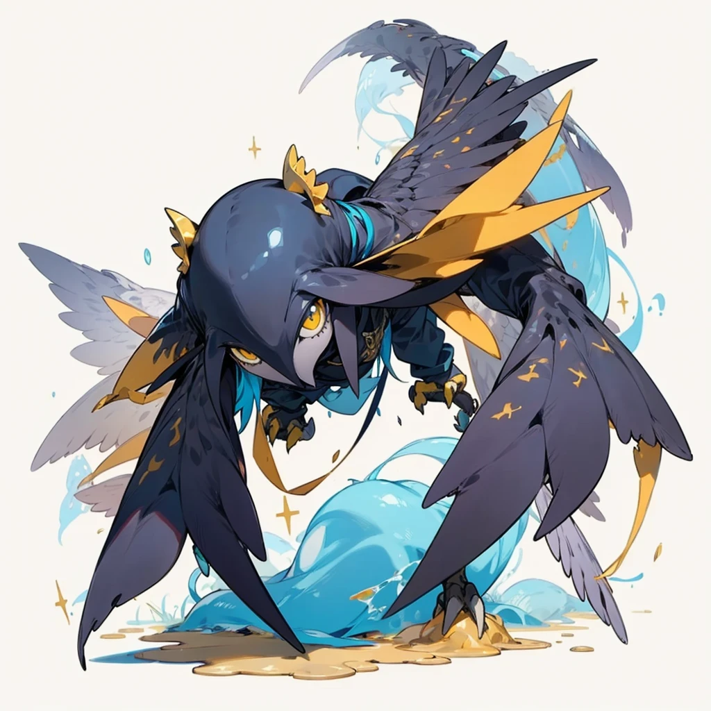 (Random Evolution, Colossal squid mixed crow), full body version, (wings), full blue and yellow colour skins, (gold eyes), (Grassroots), no background