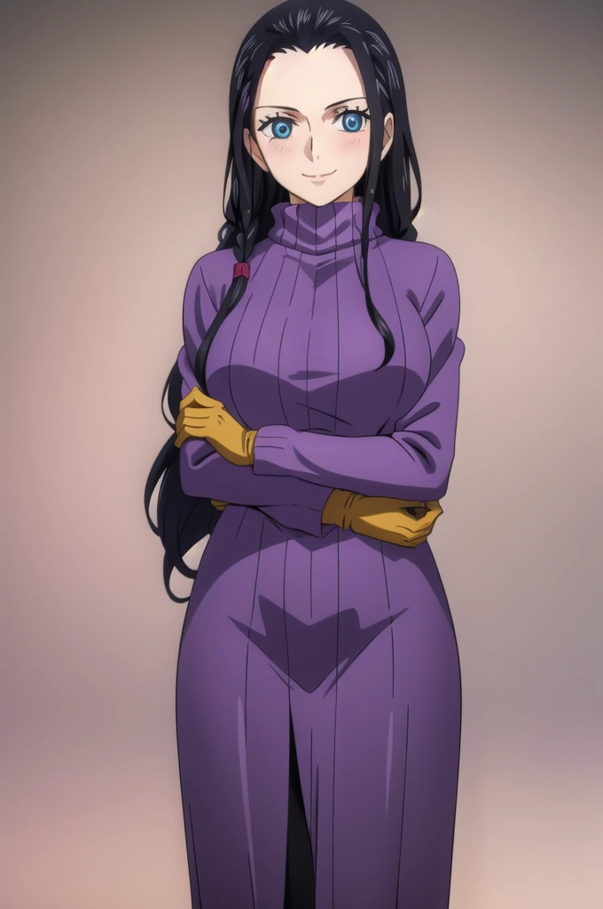 (Masterpiece), 1girl, high quality, best quality, extremely detailed eyes, extremely detailed body, blush, highly detailed, Nico robin, one piece, black hair, blue eyes,  looking at viewer, smile, large breasts, gloves, long sleeves, closed mouth, 1girl, purple jacket, upper body, open clothes, sweater, coat, crossed arms, eyewear on head, brown gloves, ribbed sweater, hair slicked back, purple sweater