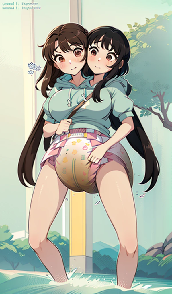 (masterpiece, best quality), best resolution, (two heads:1.5), (1girl:1.5), (solo:1.3),anime girl with two heads, (conjoined_dicephalus:1.3), brown and black hair, short hair, multicolored eyes, (diaper:1.2), hoodie, dyed hair, upskirt diaper, dutch angle, thumb in mouth, filthy, dripping, 