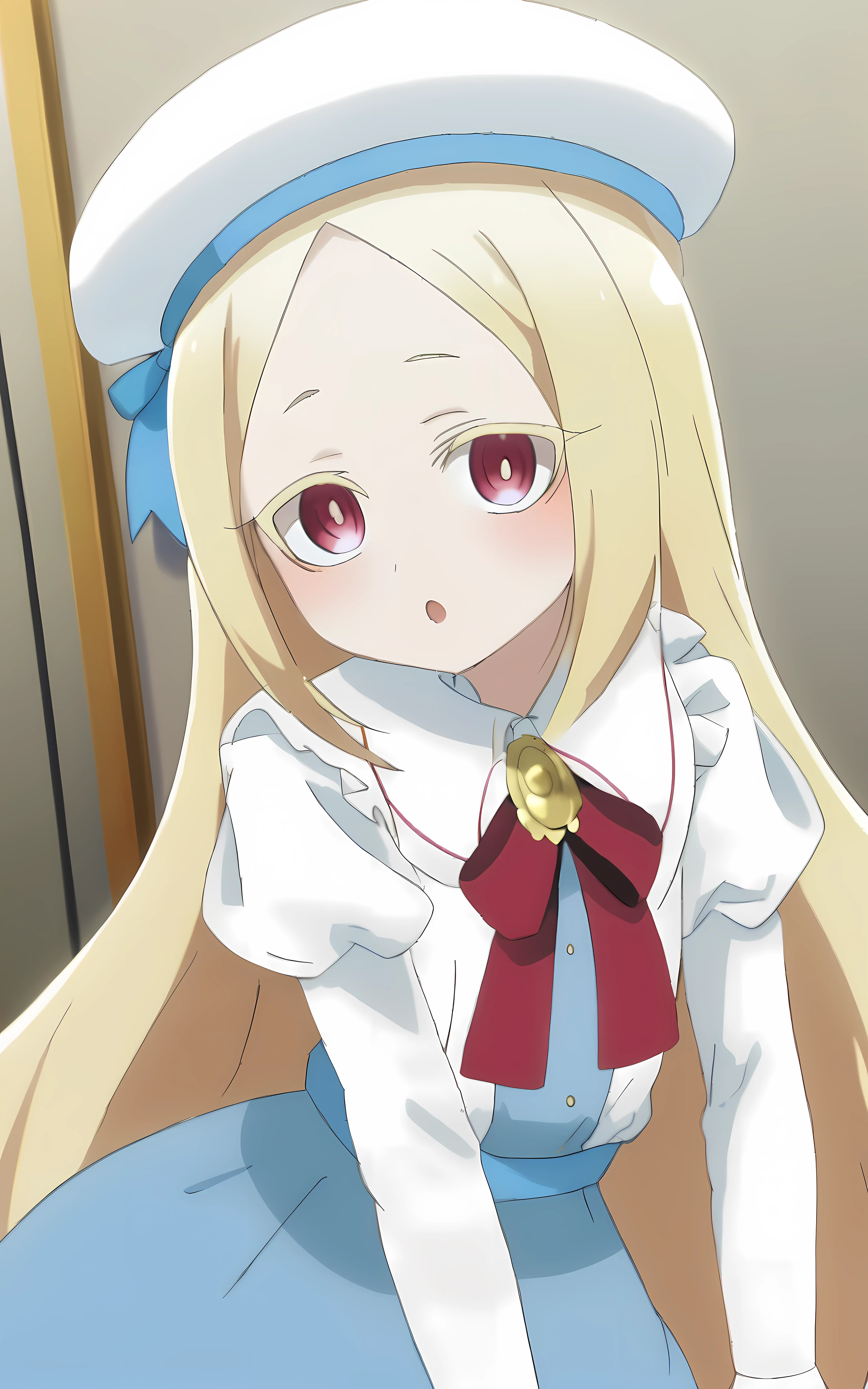 1girl, blonde hair, long hair, sidelocks, parted bangs, ruby eyes, blonde eyelashes, flat chest +++ morino korisu, blue long dress, white blouse, puffy sleeves, ribbon hat, long , white beret   +++ Overjoyed :o
