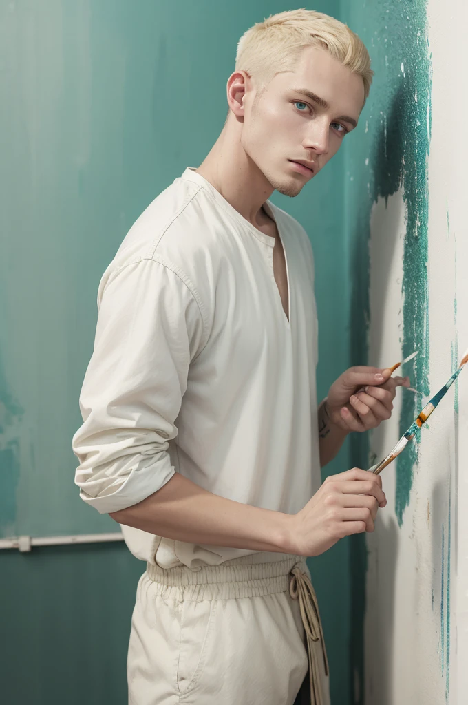 one men, offwhite, with light green eyes, blond, shorth hair, almost bald, and work as a painter in works, painting the wall of a house.