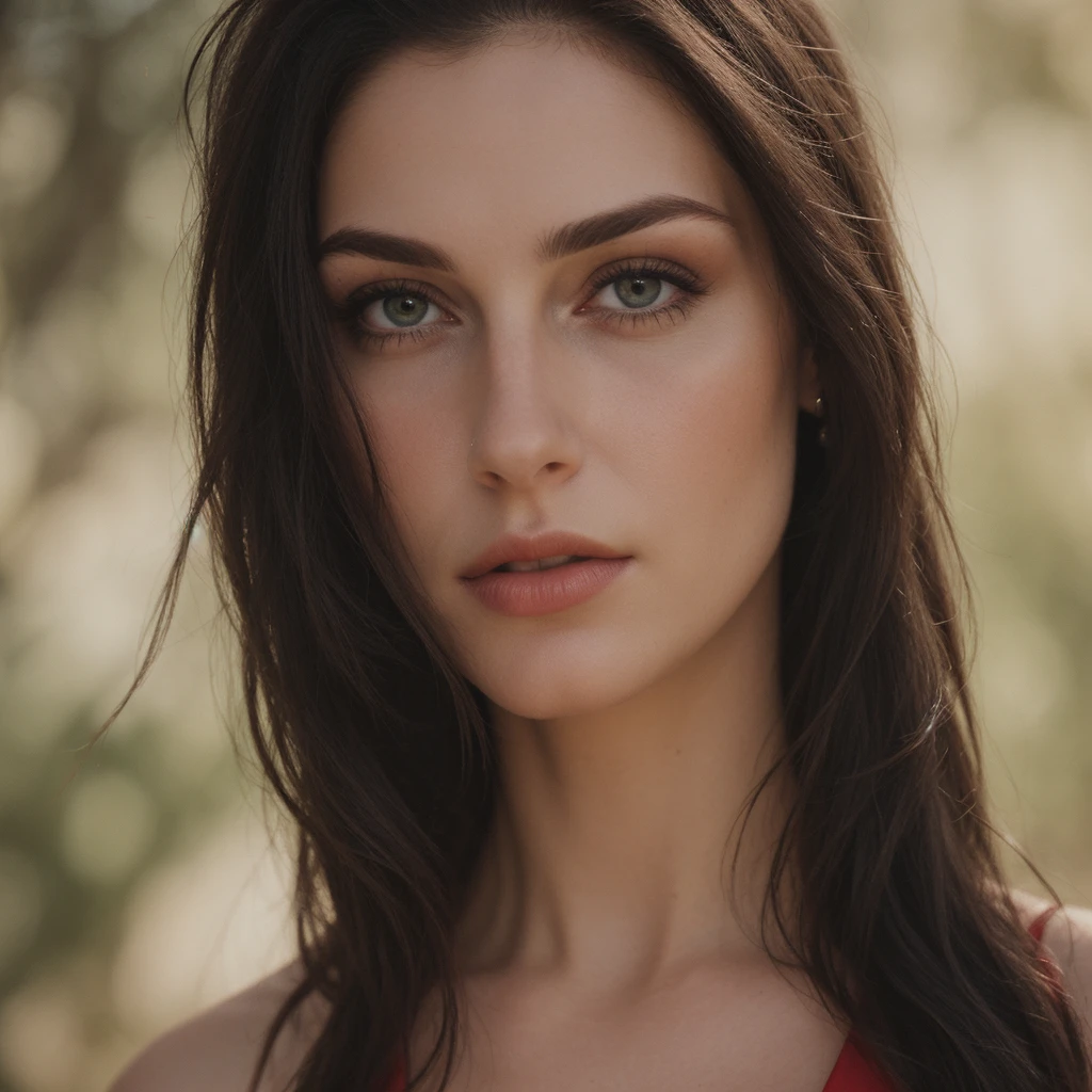 medium close up shot, a woman with long black hair, facing at the camera, (long elegant red dress)