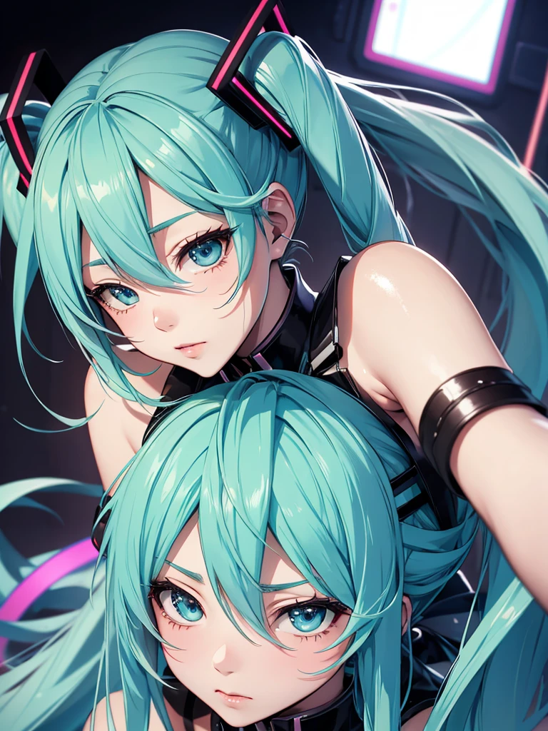 ((Black background)), (Eyes closed)), (((Hatsune Miku))), (((Highest quality、masterpiece、Ultra-fine、Ultra-fine、Exquisite、16K、Full HD,high school girl,))) 、Dark Eyes、Long eyelashes、White skin、(Pale pink lips、Pale pink cheeks、thin and long)、 ((cute)) ((One person)) 、((Black background))