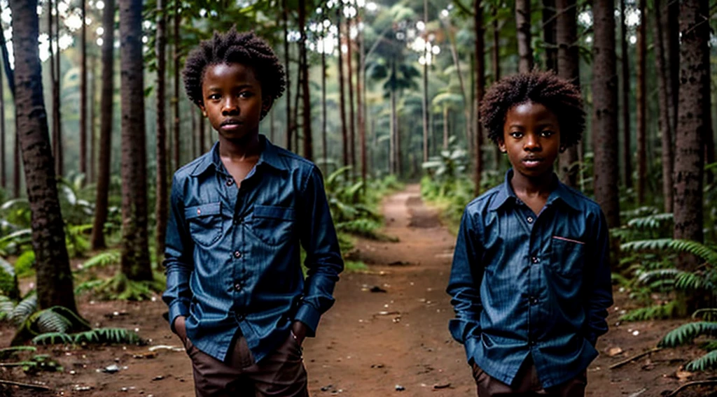 Image of a black male quilombola boy, - wears a faded dark blue long-sleeved blouse - no pattern - short, curly hair - wears faded Matte Red pants - lives alone, runs in the forest - DOESN'T wear shoes - bare feet - faces away from the camera - lives alone inside the forest - narrow ground steps barefoot in the undergrowth - bamboo forest floor-