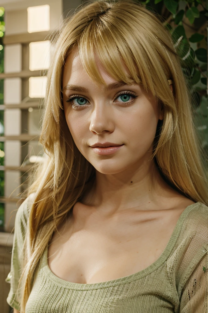 Très belle blonde au yeux vert clair réaliste , tâches de rousseur , visage fin avec de grosse lèvre , détaillé , qualité iphone 14 pro , 4K HDR