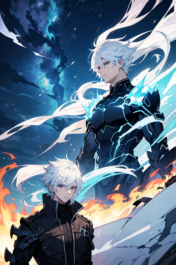 A 25 years old anime man with white hair, made with fire, Lightning and Ice