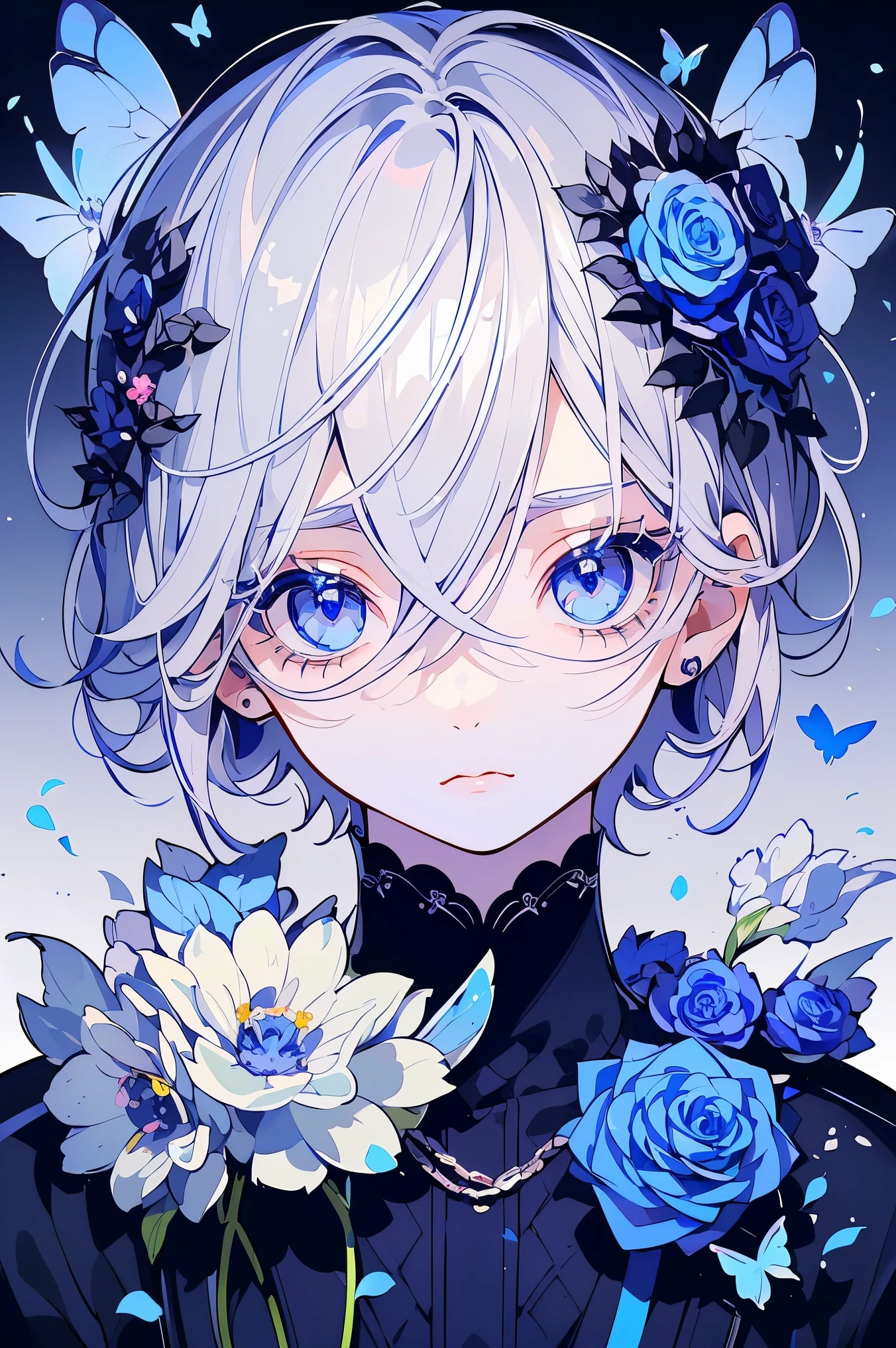 (Mastepiece), (Best Quality), Very detailed, 1 boy, Solo Shooting, Perfect Face, Beautiful Face, Very detailedな顔,(Gray Hair:1.3),(short hair:1.4)、(Big eyes:1.4),(Long eyelashes:1.4)、(Blue Eyes:1.3)、Lots of flowers、petal、butterfly々