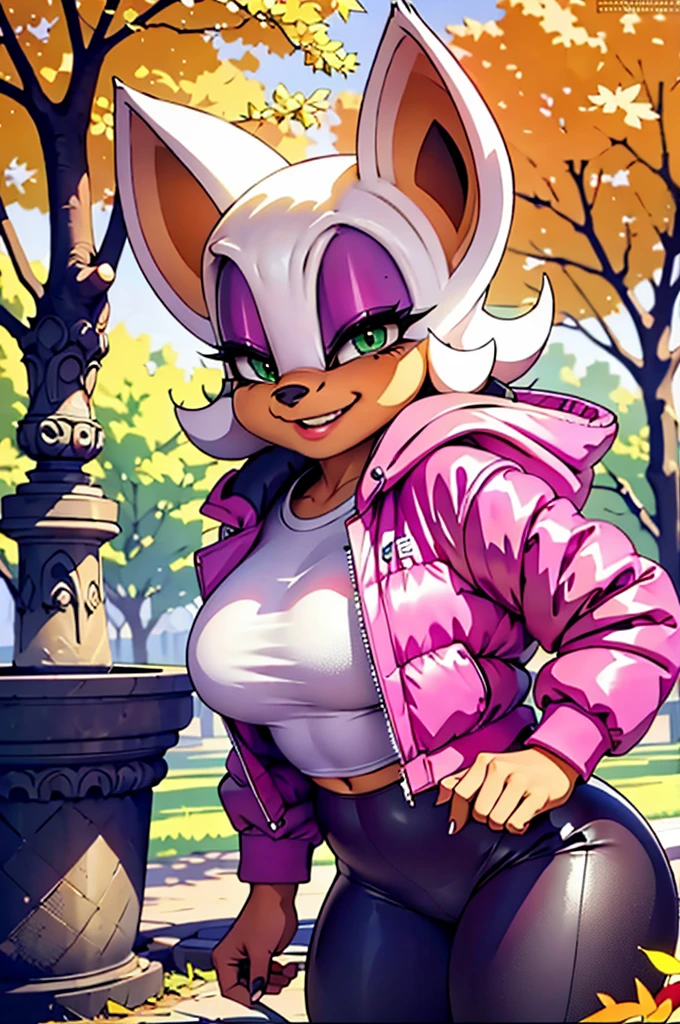 rouge the bat, furry,animal ears,green eyes, make up, by white, wearing a purple flannel jacket, black leggings, looking at the viewer, smiling, 
standing, outside, park, trees, autumn, extreme detail, Masterpiece, beautiful quality, pee bathroom