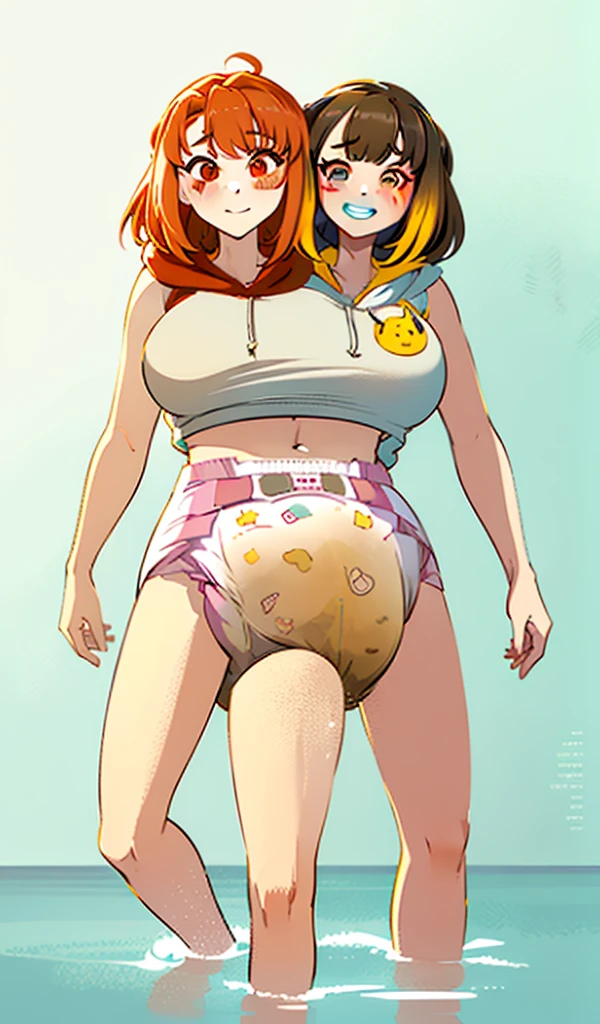 (masterpiece, best quality), best resolution, (two heads:1.5), (1girl:1.5), (solo:1.3),anime girl with two heads, (conjoined_dicephalus:1.3), brown and black hair, short hair, multicolored eyes, (diaper:1.2), hoodie, dyed hair, upskirt diaper, dutch angle, thumb in mouth, filthy, dripping,