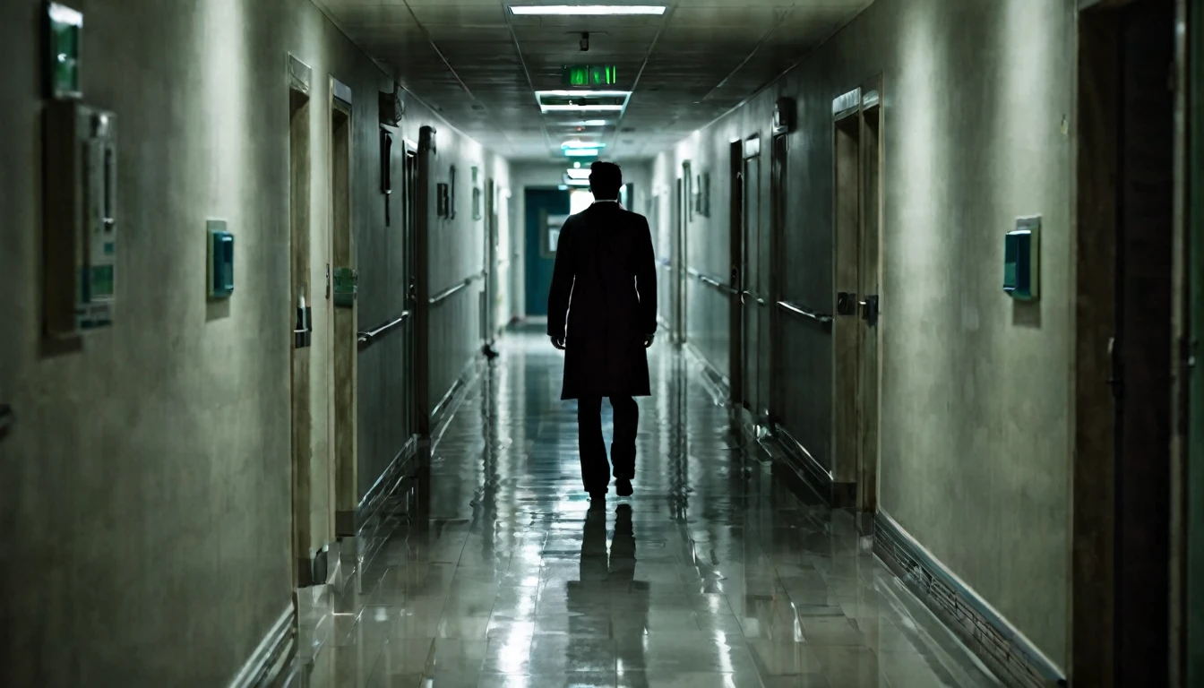 hospital corridor, in the background macabre doctor with his back to the camera, environment, dark, sinister