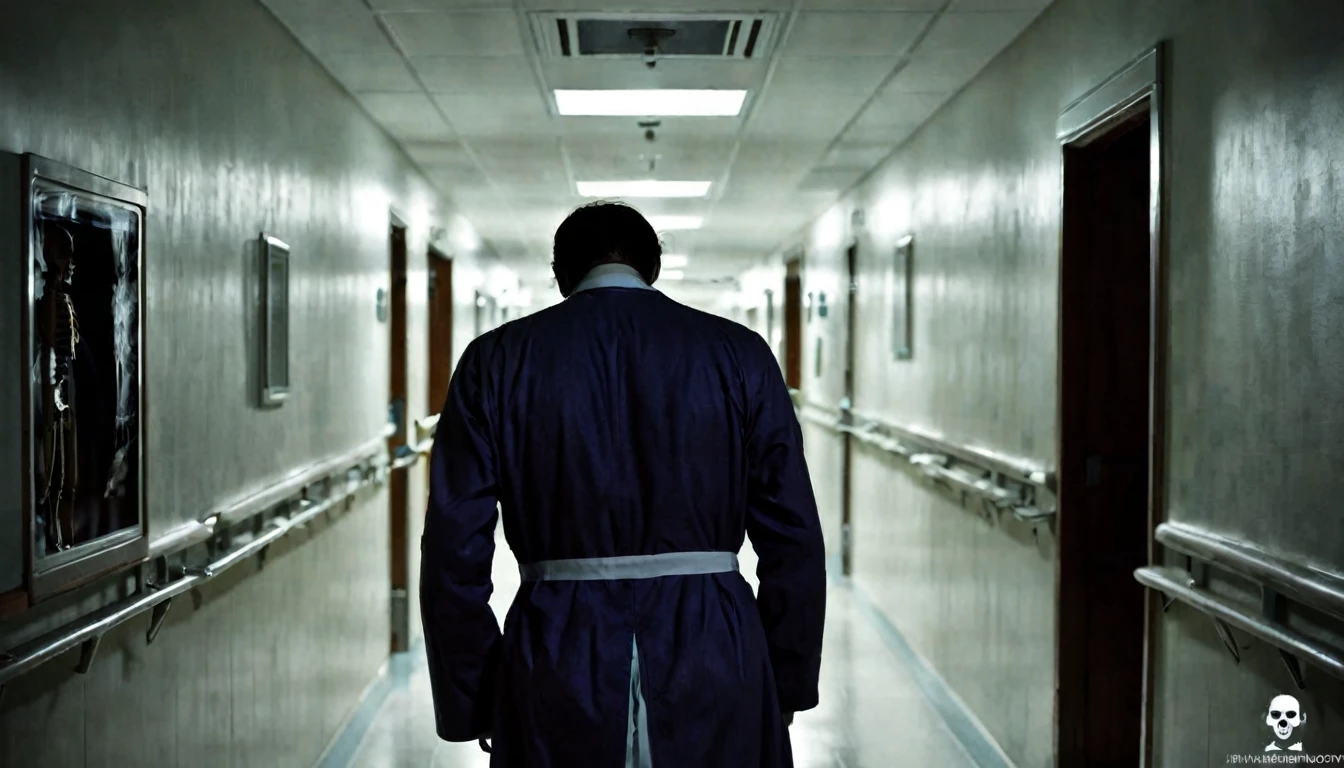 hospital corridor, in the background macabre doctor with his back to the camera, environment, dark, sinister