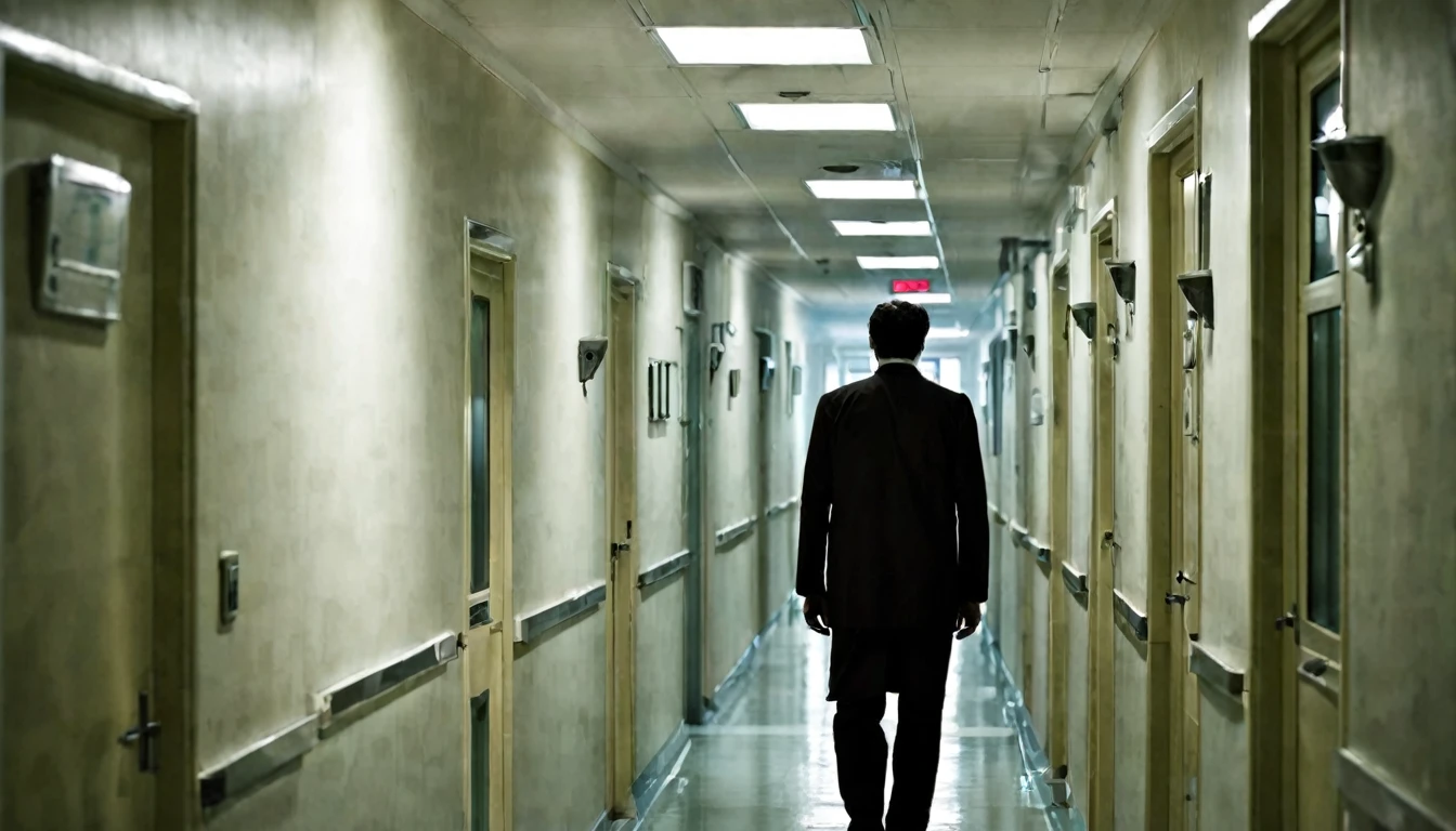 hospital corridor, in the background macabre doctor with his back to the camera, environment, dark, sinister