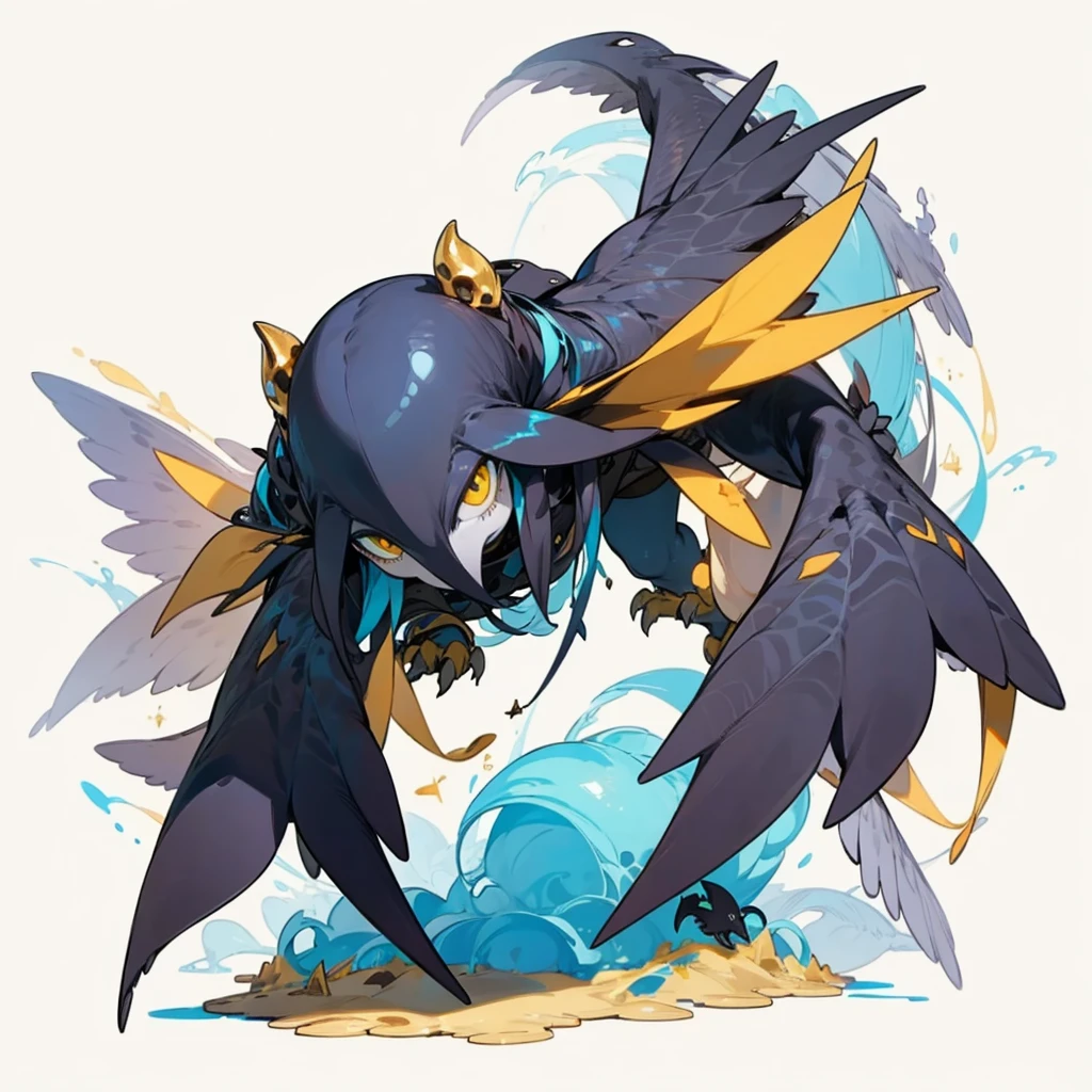 (Random Evolution, Colossal squid mixed crow), full body version, (wings), full blue and yellow colour skins, (gold eyes), (Grassroots), no background