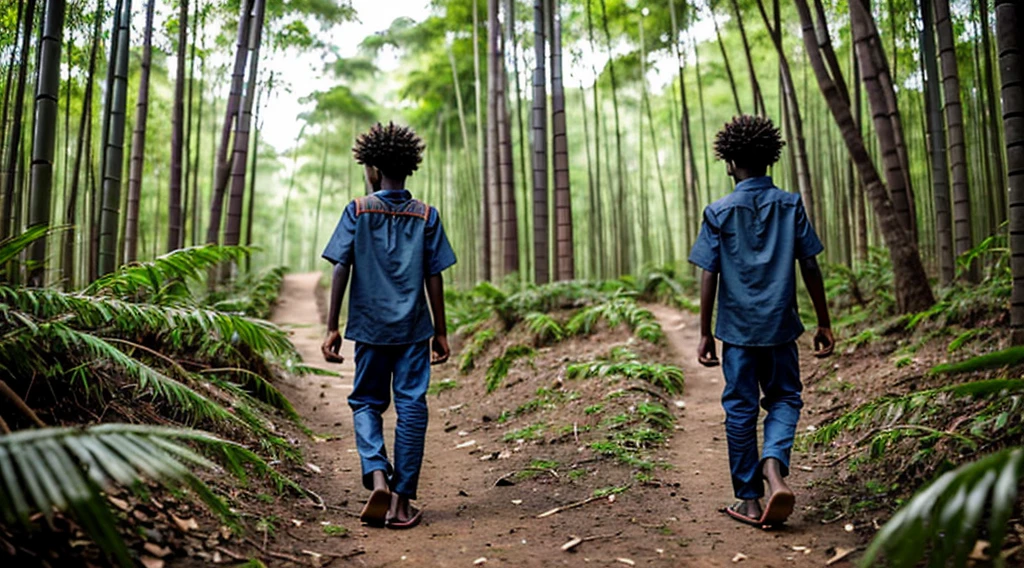 Image of a black male quilombola boy, 12 years old - wears a shabby, faded dark blue blouse - no pattern - short, curly hair - wears faded Matte Red pants - lives alone, runs in the forest - DOES NOT wear shoes - bare feet - has his back to the camera - lives alone inside the forest - narrow floor steps barefoot in the undergrowth - bamboo forest floor-