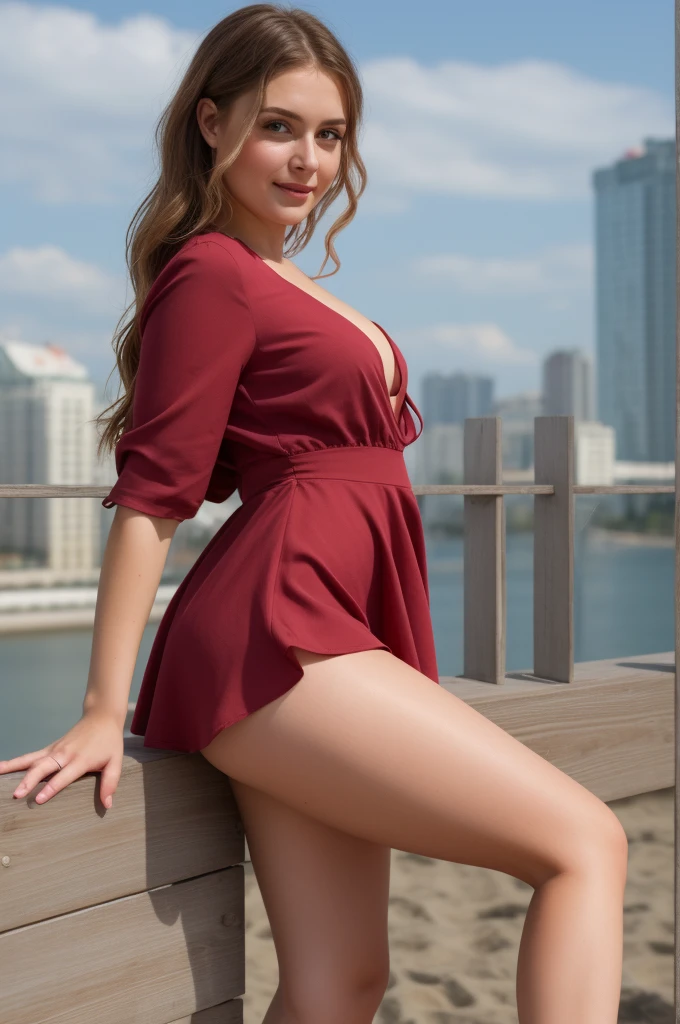 Russian woman, Intimate, face blush, red blushy cheeks, long wavy hair, feeling excited, beautiful thighs, in love, wearing summer mini dress
