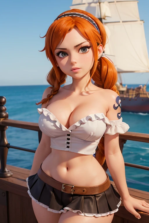 (masterpiece), best quality, expressive eyes, perfect face, front lighting, (standing on pirate ship at sea background), (posing), (seductive look), (cleavage view), (1girl, Nami, 18 years old, orange hair, long hair, braided ponytail hairstyle, brown eyes, hourglass figure, left shoulder tattoo, skinny body, thin body, petite_body, small breasts, wide hips, thick thighs), (white button frill blouse, short sleeve, strapless, croptop, exposed cleavage, leather pleated skirt, bandana headwrap),