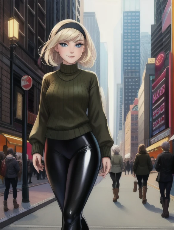 (masterpiece,best quality,absurdres,beautiful,aesthetic,detailed), (Detailed face:1.2), (Detailed eyes:1.2), 1girl, solo, (Gwen Stacy:1.1), platinum blonde hair, bright blue eyes, ((Wearing: Black headband, olive green sweater, shiny black leggings, Ugg Boots)), looking at viewer with a relaxed and mellow smile, walking outside on New York streets, crowds of people on the surroundings, full body, busy atmosphere, cinematic lighting, detailed background,
