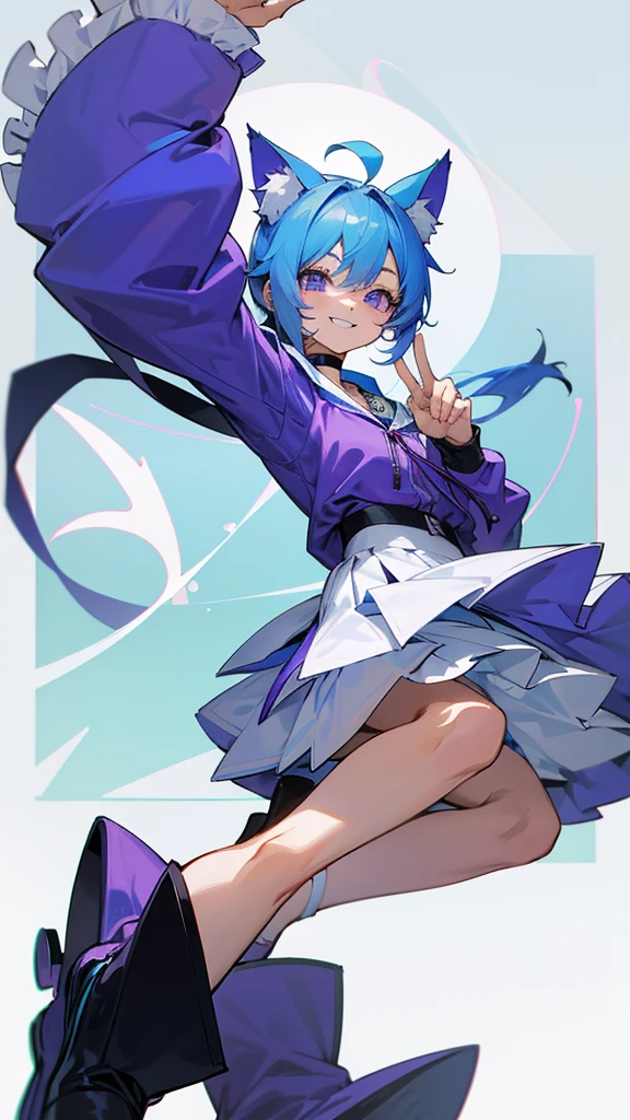 The image depicts an anime-style character with blue hair, a purple hooded outfit, a white cheer skirt, and a black choker. It has cat ears. The character has a smiling expression and is facing the viewer. Precise fingers and precise feet are drawn.