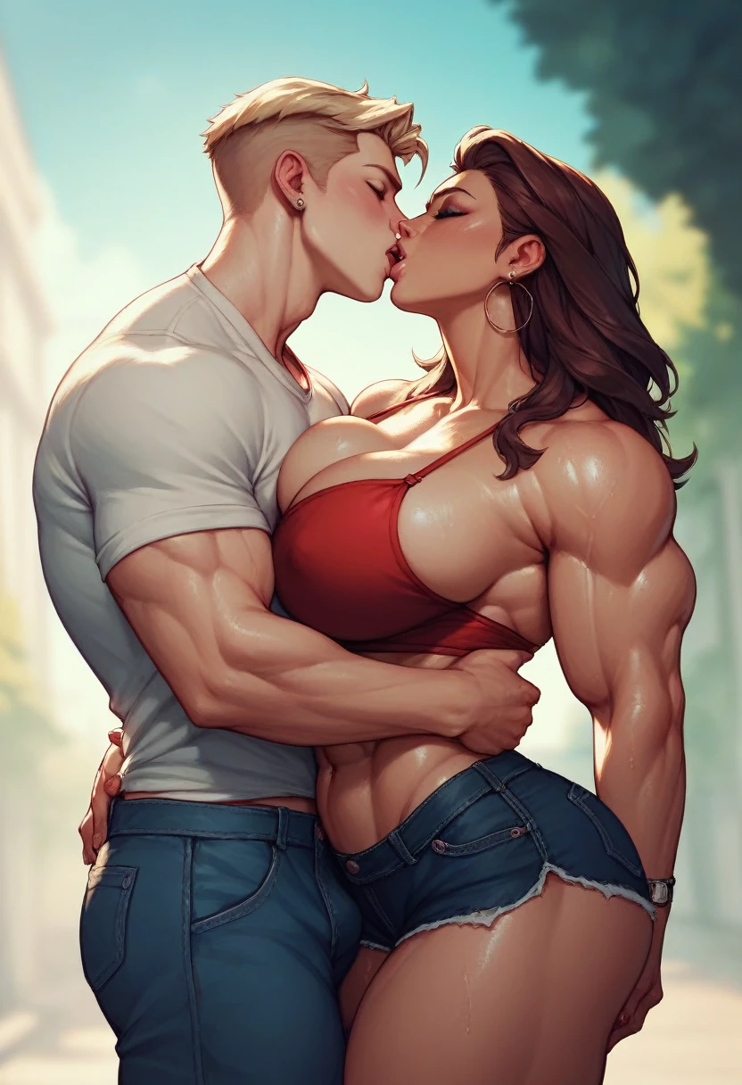 Tall thick huge muscular beauty woman with short pant standing and kissing skinny short young man , woman lifting man