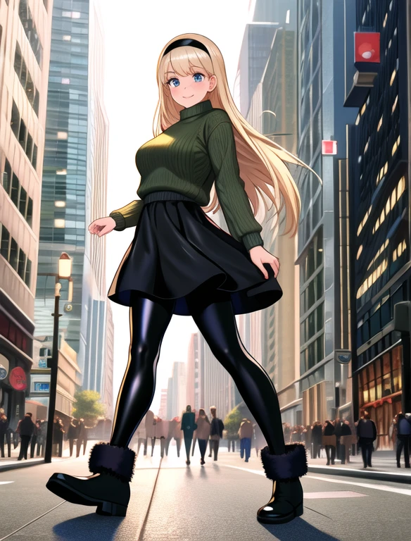 (masterpiece,best quality,absurdres,beautiful,aesthetic,detailed), (Detailed face:1.2), (Detailed eyes:1.2), 1girl, solo, (Gwen Stacy:1.1), platinum blonde hair, bright blue eyes, ((Wearing: Black headband, olive green sweater, shiny black leggings, Ugg Boots)), looking at viewer with a relaxed and mellow smile, walking outside on New York streets, crowds of people on the surroundings, full body, busy atmosphere, cinematic lighting, detailed background,
