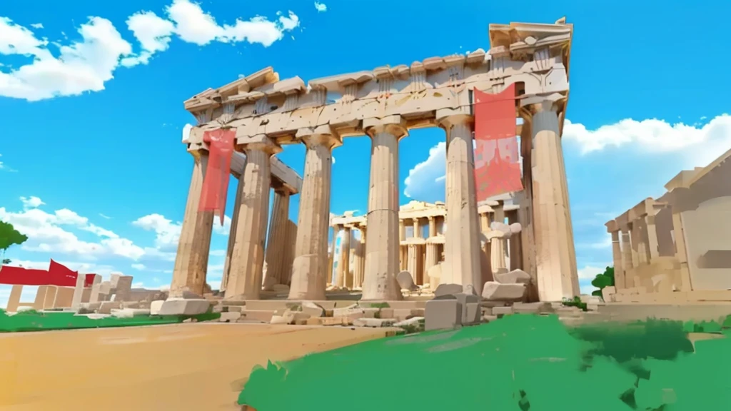 The Parthenon in Athens, it has two flowing red banners, a dirt path leading up to it with some bushes, sunny but cloudy day, realistic