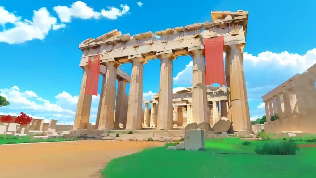 The Parthenon in Athens, it has two flowing red banners, a dirt path leading up to it with some bushes, sunny but cloudy day, realistic