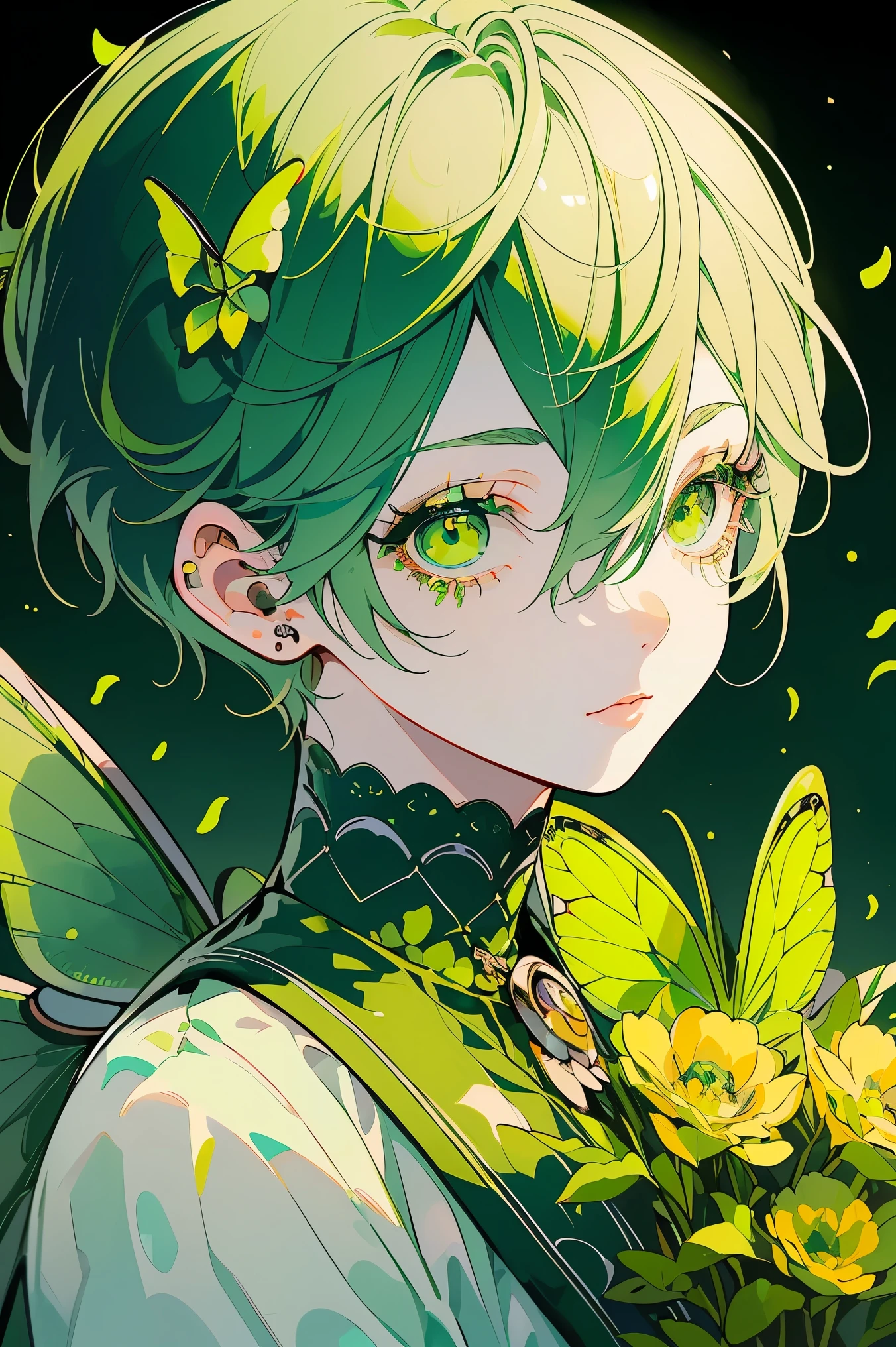 (Mastepiece), (Best Quality), Very detailed, 1 boy, Solo Shooting, Perfect Face, Beautiful Face, Very detailedな顔,(Green Hair:1.3),(short hair:1.4)、(Big eyes:1.4),(Long eyelashes:1.4)、(Green Eyes:1.3)、Lots of flowers、petal、butterfly々