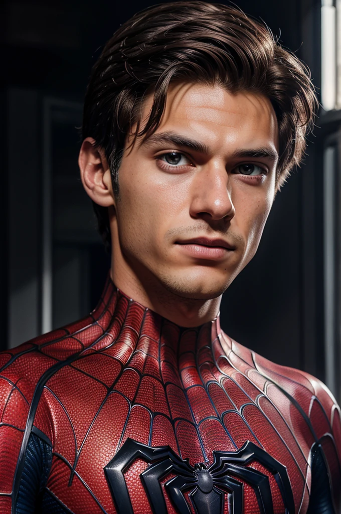 A photograph of spider man, no mask, 20 yo, handsome, detailed face, looking at camera, portrait, 8k uhd, high quality
