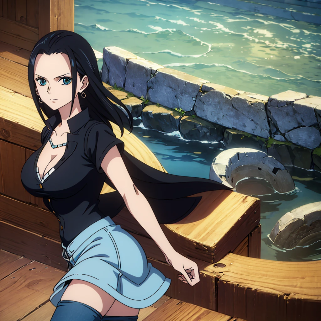 (Best quality, 8k, high resolution, masterpiece:1.2), Ultra detailed, Anime art style, Fine details, Dynamic angles, Black Hair, Big breasts,20s women's style, mature women, glamour,Beautiful character design, Perfect eyes, Perfect face, Expressive eyes, Perfect balance, (Earrings, Jewelry, Denim Dress, Open Vest, Black Pantyhose, Black Shirt, Denim Skirt), Looking at viewer, In the center of the image, Cowboy shot,