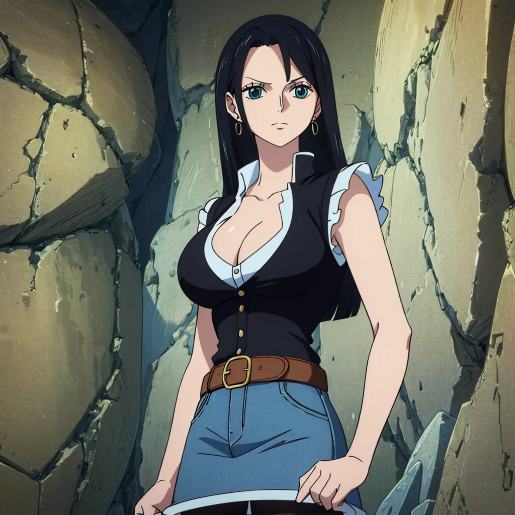 (Best quality, 8k, high resolution, masterpiece:1.2), Ultra detailed, Anime art style, Fine details, Dynamic angles, Black Hair, Big breasts,20s women's style, mature women, glamour,Beautiful character design, Perfect eyes, Perfect face, Expressive eyes, Perfect balance, (Earrings, Jewelry, Denim Dress, Open Vest, Black Pantyhose, Black Shirt, Denim Skirt), Looking at viewer, In the center of the image, Cowboy shot,