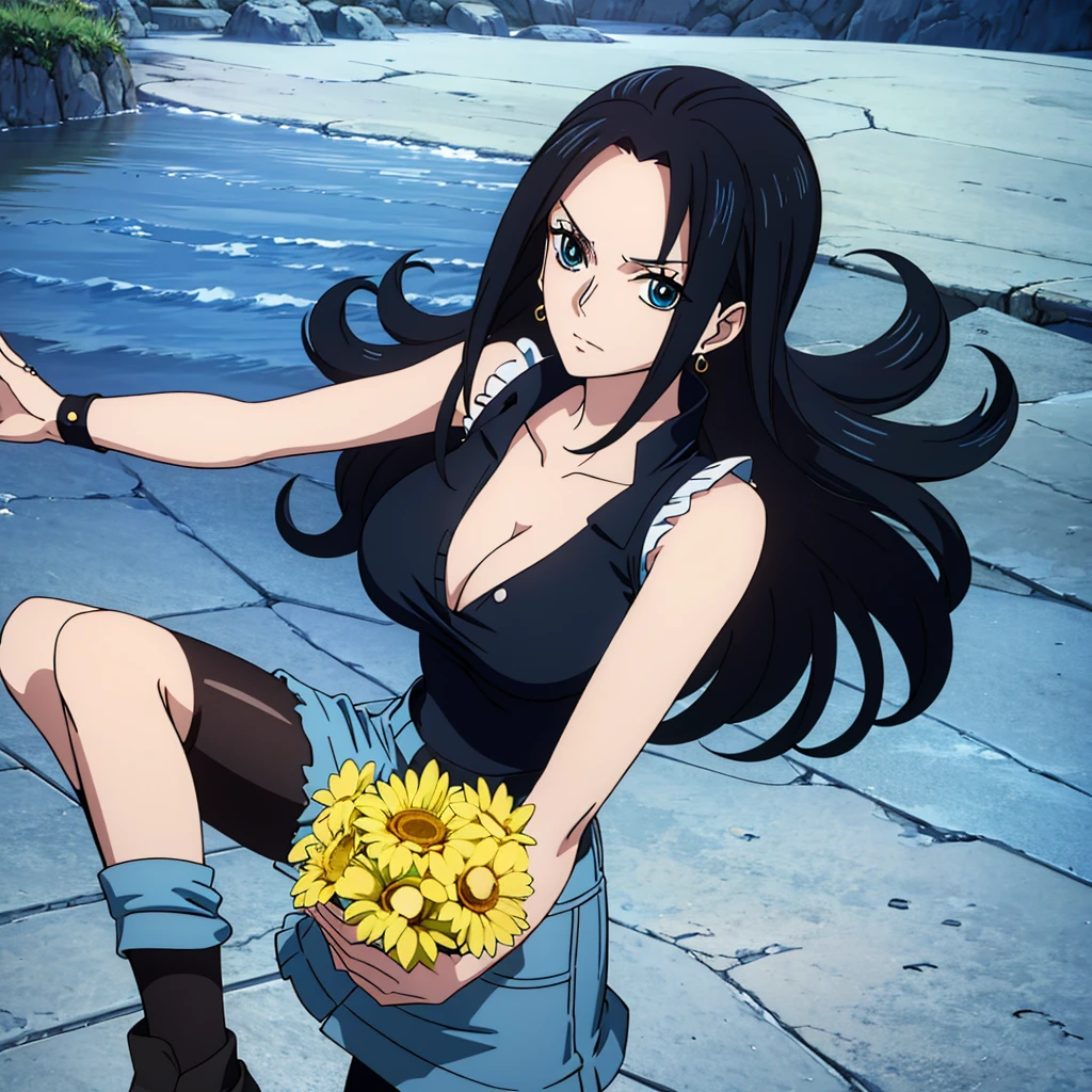 (Best quality, 8k, high resolution, masterpiece:1.2), Ultra detailed, Anime art style, Fine details, Dynamic angles, Black Hair, Big breasts,20s women's style, mature women, glamour,Beautiful character design, Perfect eyes, Perfect face, Expressive eyes, Perfect balance, (Earrings, Jewelry, Denim Dress, Open Vest, Black Pantyhose, Black Shirt, Denim Skirt), Looking at viewer, In the center of the image, Cowboy shot,