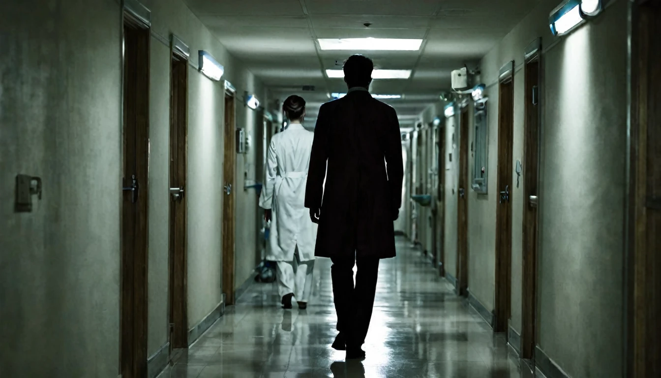 hospital corridor, in the background macabre doctor with his back to the camera, environment, dark, sinister