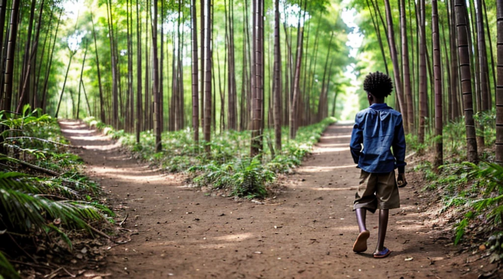 Image of a black male quilombola boy, 12 years old - wears a shabby, faded dark blue blouse - no pattern - short, curly hair - wears faded Matte Red pants - lives alone, runs in the forest - DOES NOT wear shoes - bare feet - has his back to the camera - lives alone Inside the forest - narrow ground steps barefoot in the undergrowth - bamboo forest floor - a butterfly flies by your side