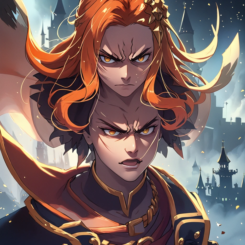 (masterpiece, top quality, best quality, beautiful, and aesthetic:1.2) portrait shot, posing, leonida5, orange hair, 1boy, looking at viewer, angry star, fantasy castle gates