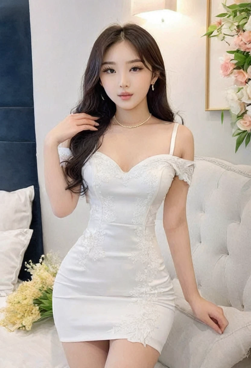 ((Best high quality:1.2)), (8k), extremely detailed, ((High detail:1.2)), (HotLexi woman), Solo, ((24 years old pretty perfect Korean Ulzzang female:1.4)), (tight and short y dress),