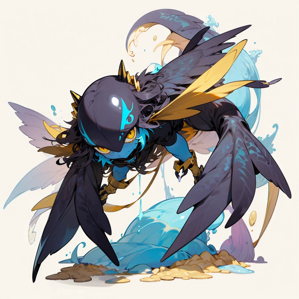 (Random Evolution, Colossal squid mixed crow), full body version, (wings), full blue and yellow colour skins, (gold eyes), (Grassroots), no background
