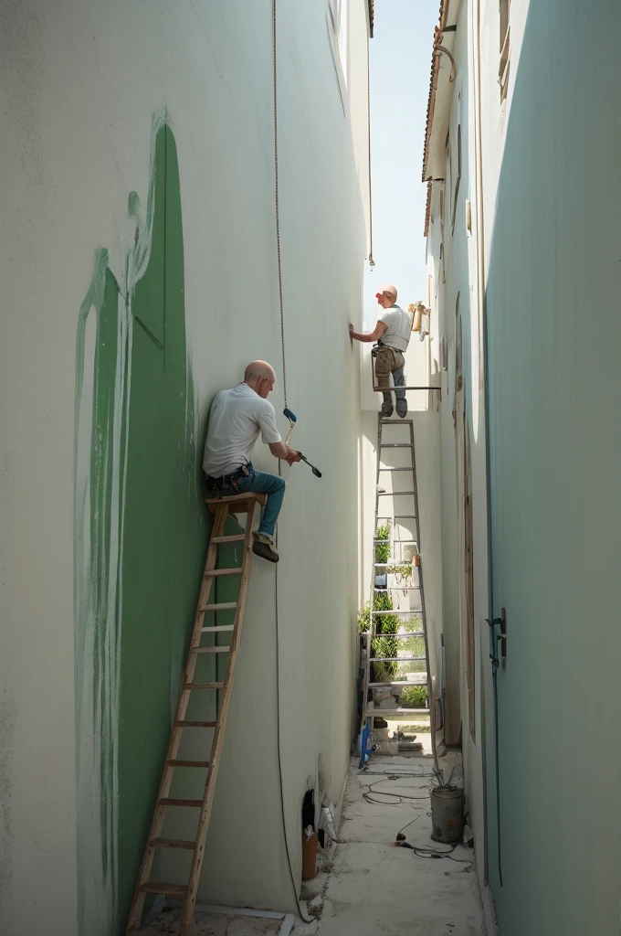 one men, offwhite, with light green eyes, blond, shorth hair, almost bald, and work as a painter in works, painting the wall of a house.
I want an image of him climbing the ladder to paint the coastal wall.