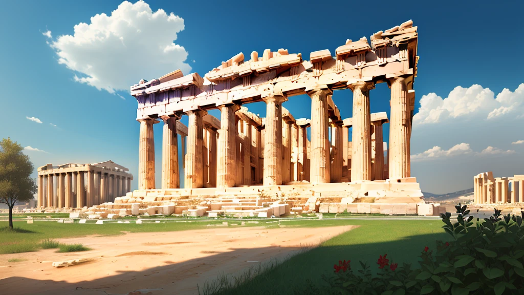 The Parthenon in Athens, it has two flowing red banners, a dirt path leading up to it with some bushes, sunny but cloudy day, realistic