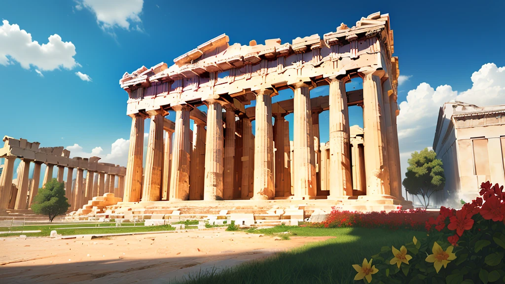 The Parthenon in Athens, it has two flowing red banners, a dirt path leading up to it with some bushes, sunny but cloudy day, realistic