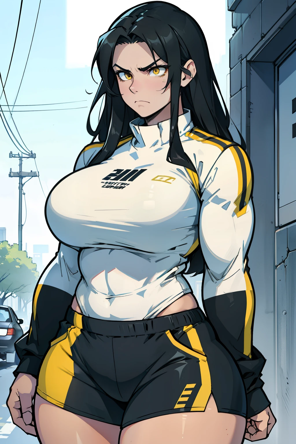 thick thighs wide hips muscular toned body massive breasts athletic girl black hair yellow eyes pale skin massive hair sad frown disappointed expressionless long sleeve tight shirt tight shorts