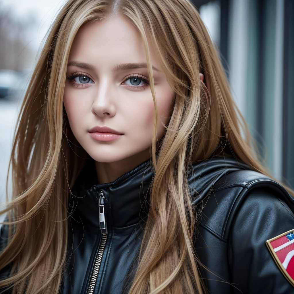 Close up portrait of long-haired woman in black jacket, Brunette with dyed blonde hair, Dasha Taran, Aleksandra Waliszewska, Angelina Stroganova, Very beautiful face, Anna Nikonova、Also known as New Milky, Gorgeous blonde, Gorgeous and attractive face, Beautiful face with brown blonde hair, beautiful nordic woman, nodded