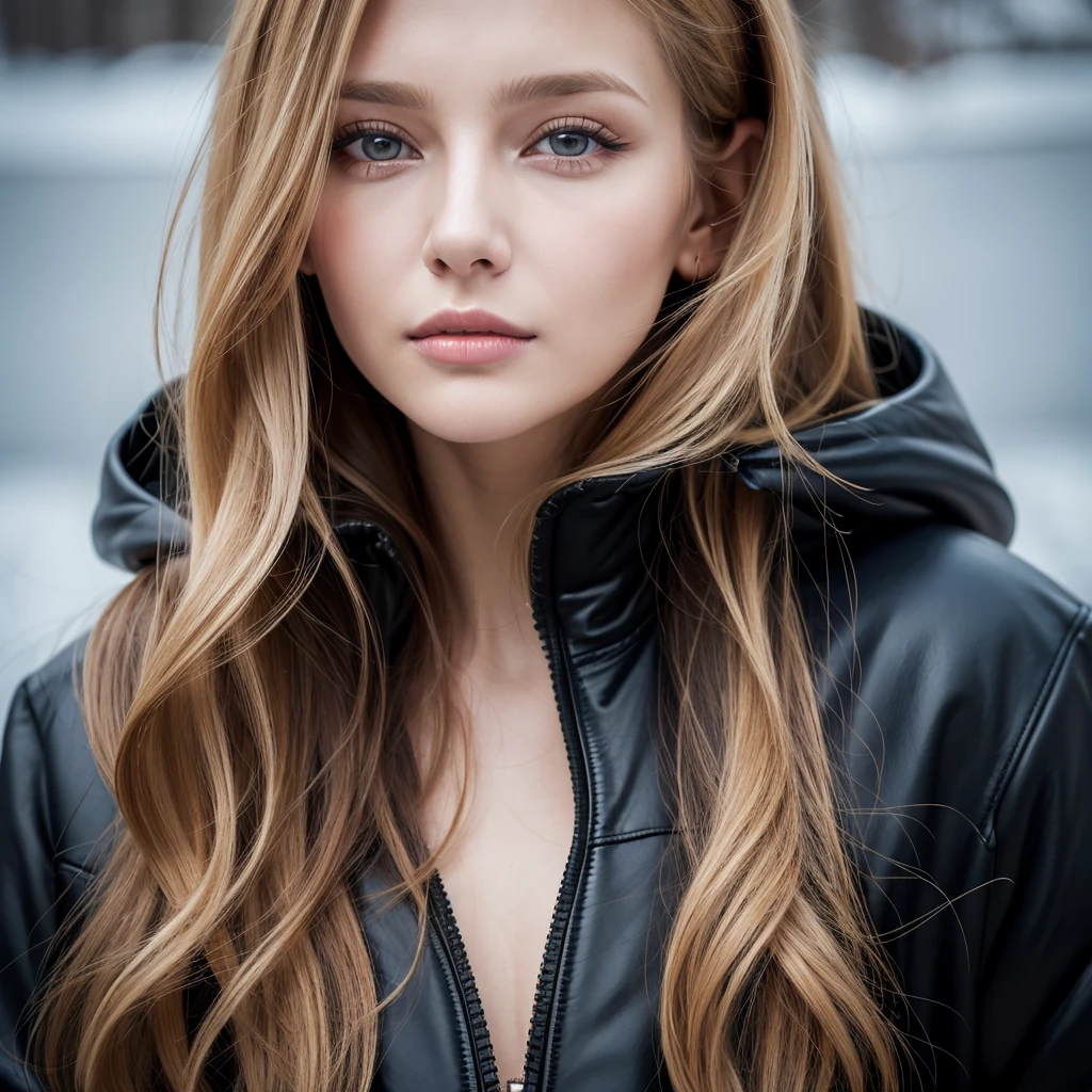 Close up portrait of long-haired woman in black jacket, Brunette with dyed blonde hair, Dasha Taran, Aleksandra Waliszewska, Angelina Stroganova, Very beautiful face, Anna Nikonova、Also known as New Milky, Gorgeous blonde, Gorgeous and attractive face, Beautiful face with brown blonde hair, beautiful nordic woman, nodded