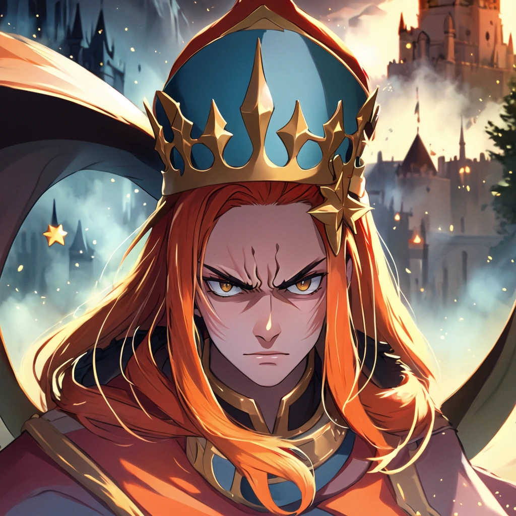 (masterpiece, top quality, best quality, beautiful, and aesthetic:1.2) portrait shot, posing, leonida5, orange hair, 1boy, looking at viewer, angry star, fantasy castle gates