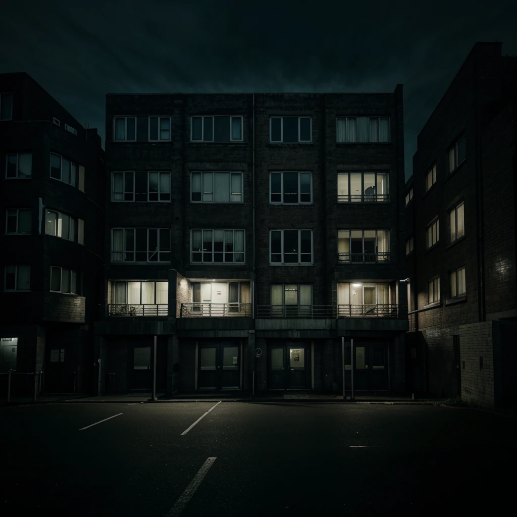 A picture of the o block with its typical buildings. The picture should look scary because of the darkness and it should be usable as a background image.