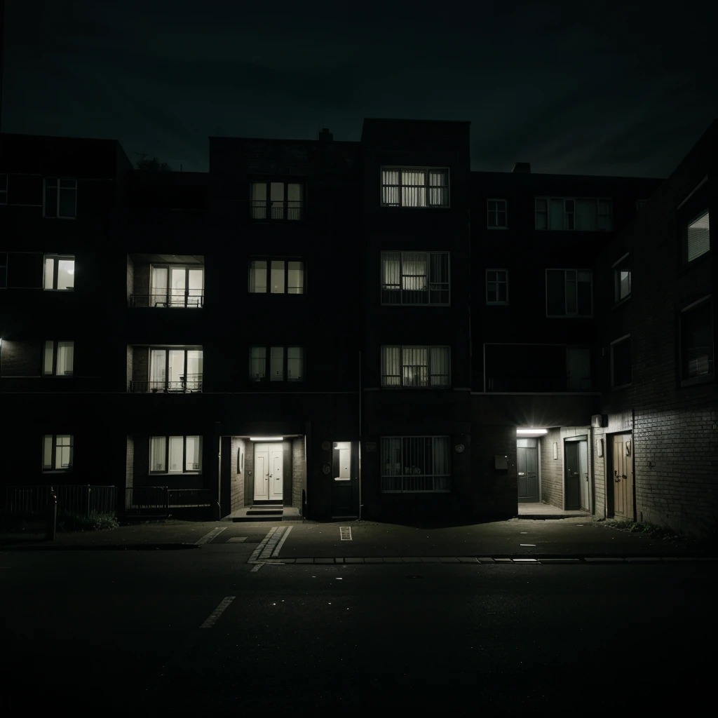 A picture of the o block with its typical buildings. The picture should look scary because of the darkness and it should be usable as a background image. 