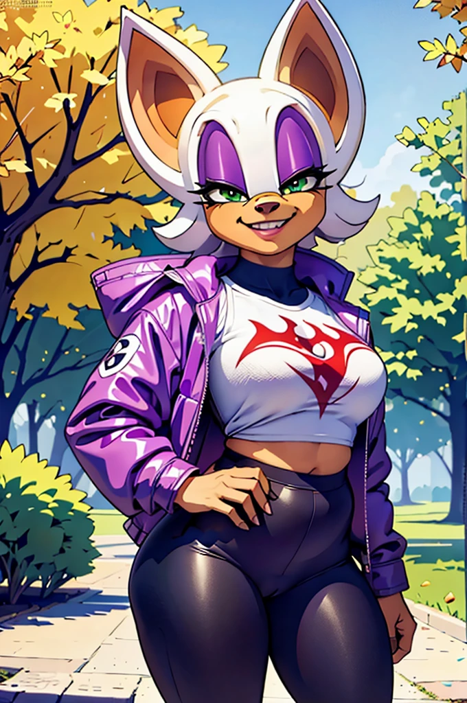 rouge the bat, furry,animal ears,green eyes, make up, by white, wearing a purple flannel jacket, black leggings, looking at the viewer, smiling, 
standing, outside, park, trees, autumn, extreme detail, Masterpiece, beautiful quality, make poop pee poop poop